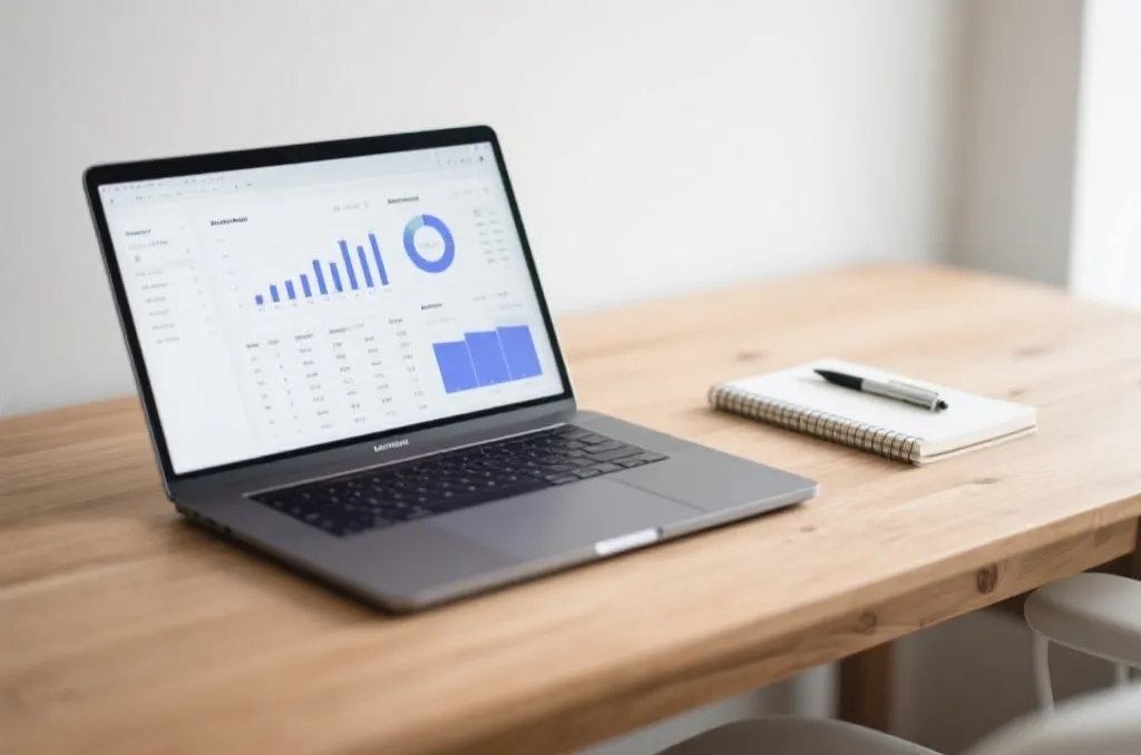 Minimalist modern workspace with a laptop displaying clean data tables and charts under soft light